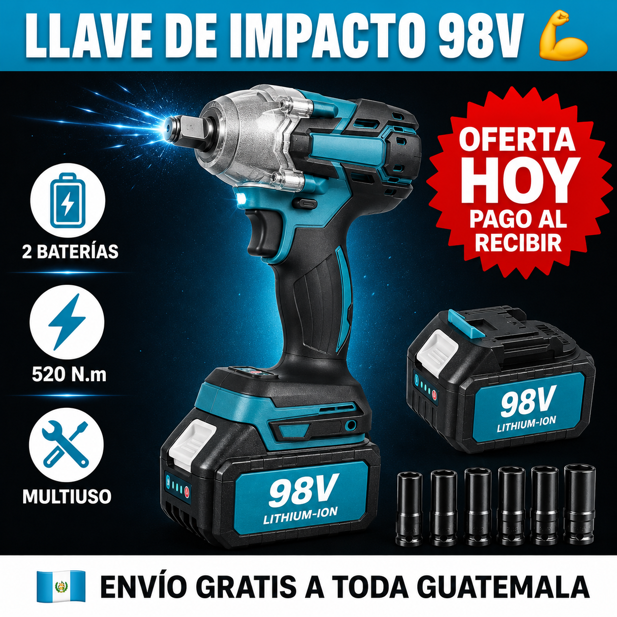 Llave de Impacto Inalámbrica 98V + 2 Baterías y Adaptador a Taladro 🦾