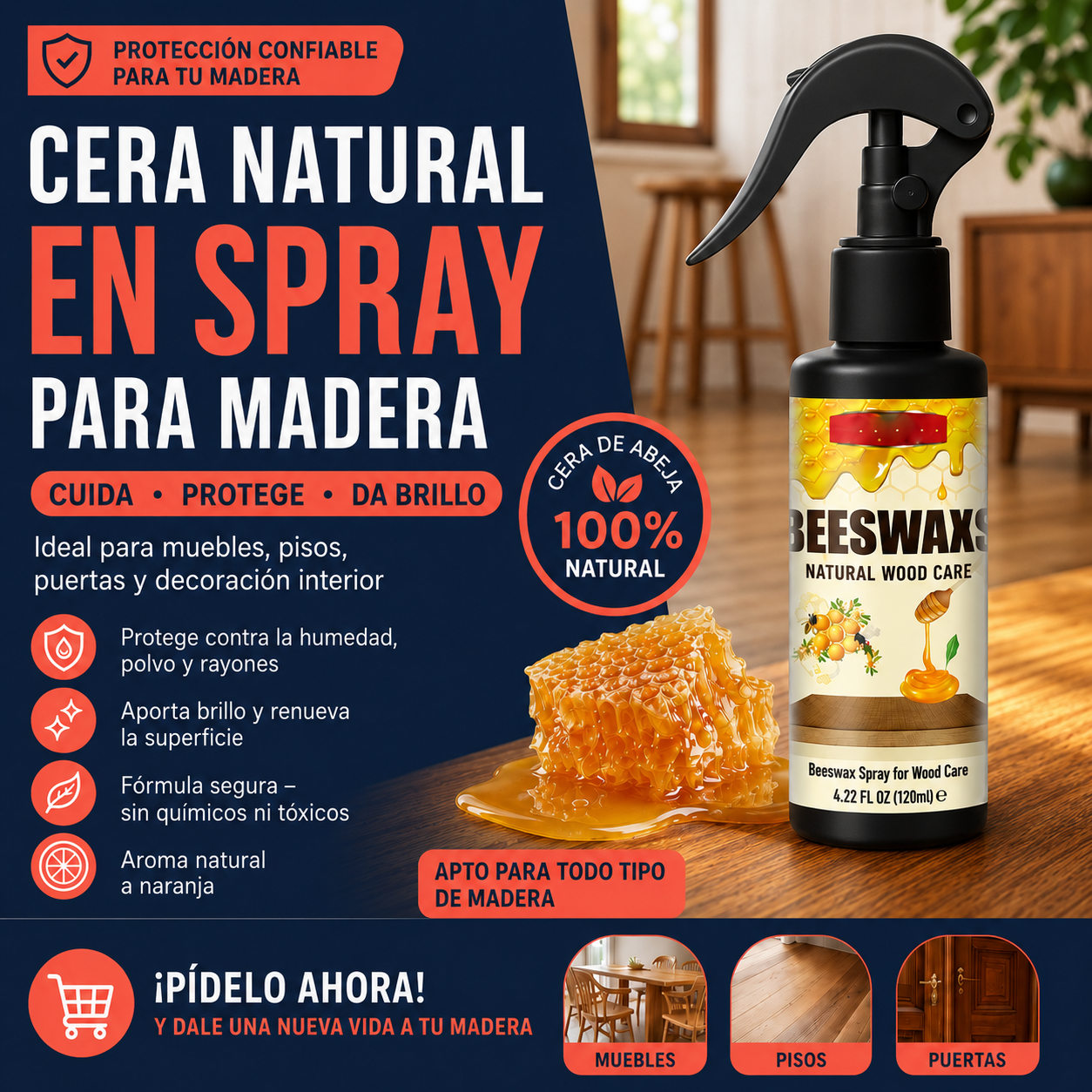Royal Wood™ Spray con Cera de Abejas | Brillo y Protección para Madera