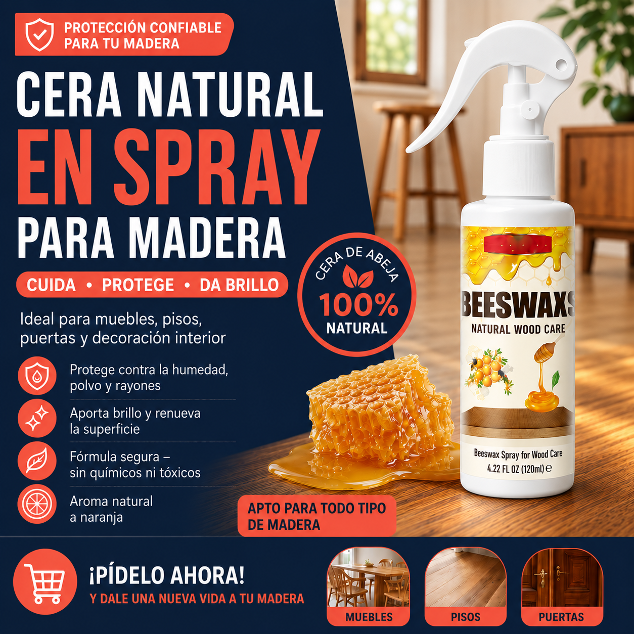 Royal Wood™ Spray con Cera de Abejas | Brillo y Protección para Madera